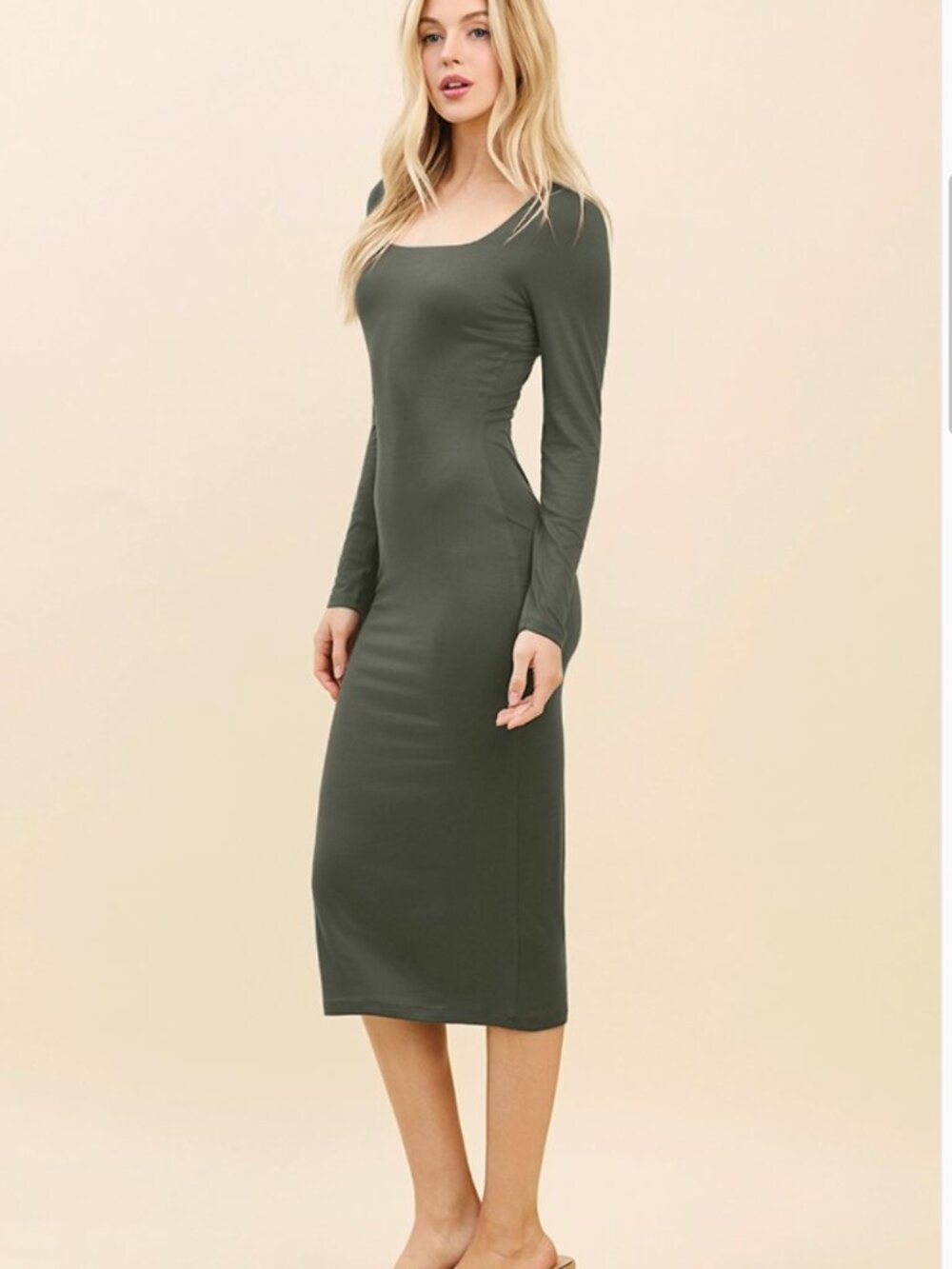 Double Layered Square Neeck Long Sleeve Midi Dress- Thyme - Picture 2 of 3